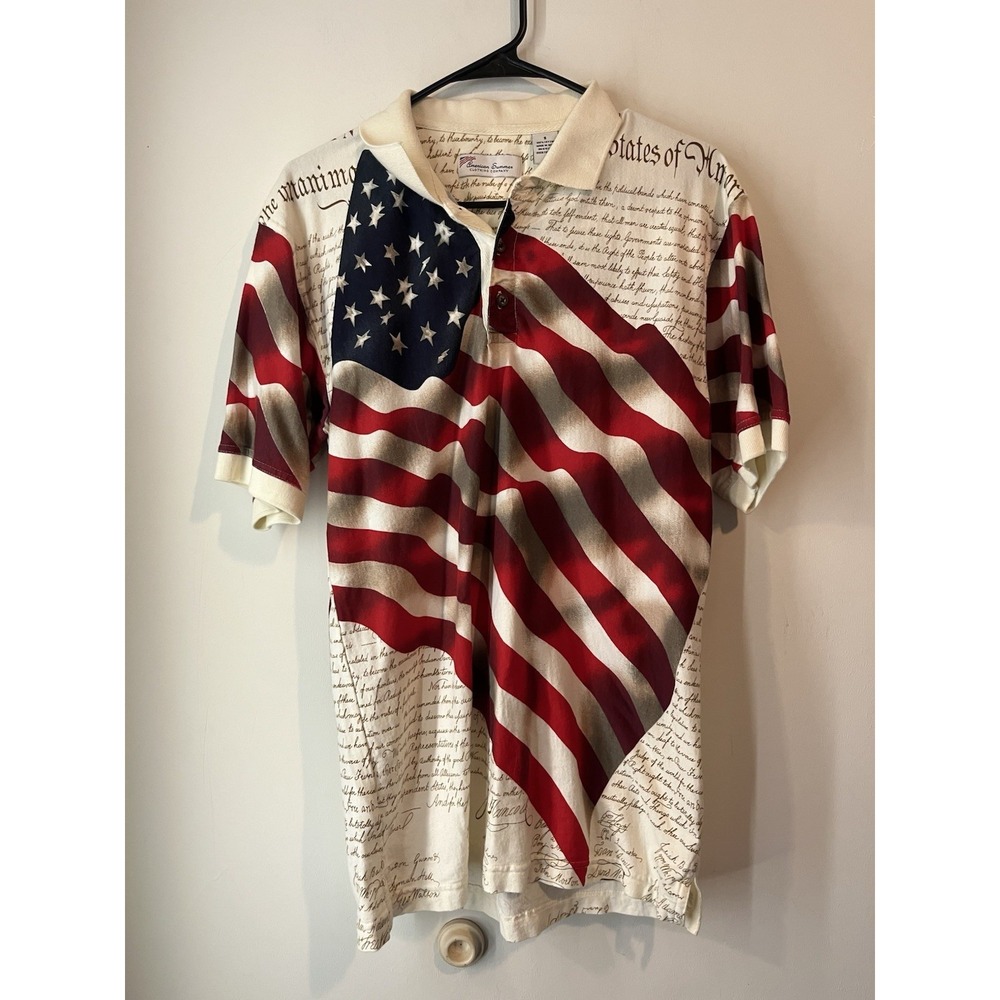 Vintage American Summer Big Print Polo Short Sleeve Shirt Mens Small America USA